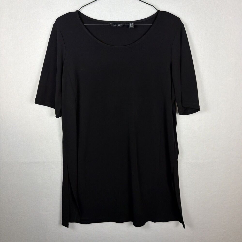 Susan Graver Womens Petite PM Black Short Sleeve Top Liquid Knit Stretch